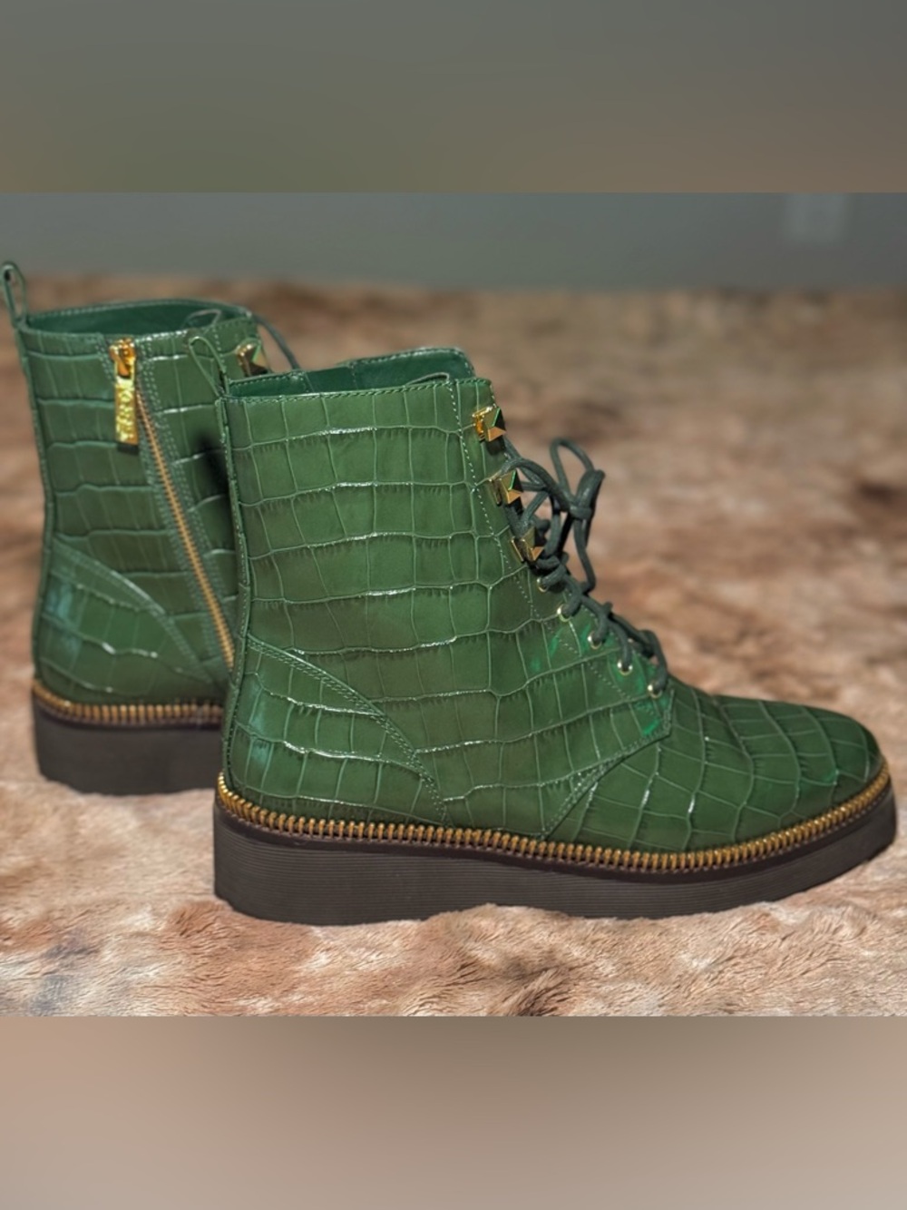 Michael Kors Green Crocodile-Embossed Leather Lace-Up Boots - Picture 4 of 10